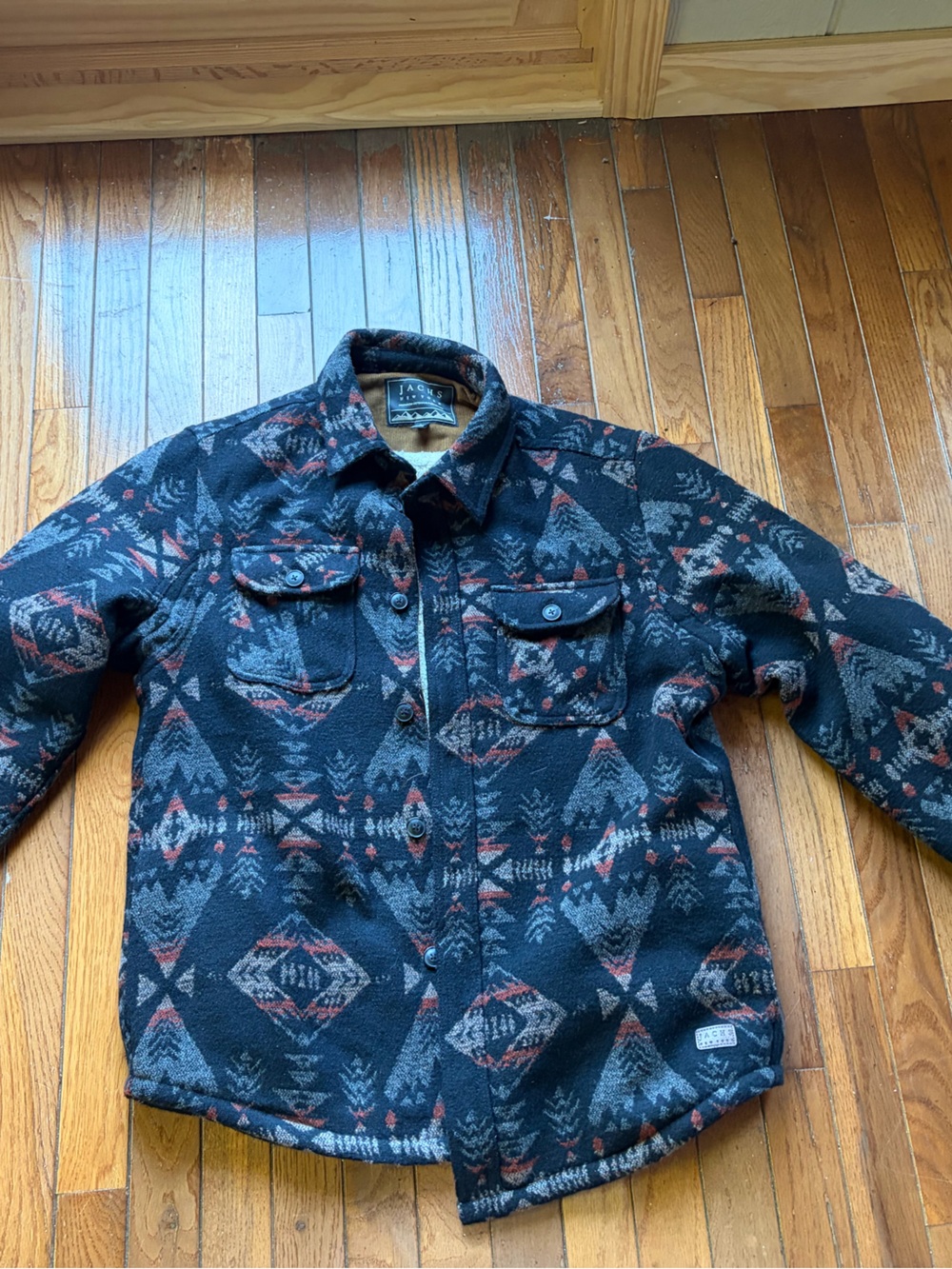 Jachs New York Black & Gray Aztec Patterned Fleece Shirt Jacket